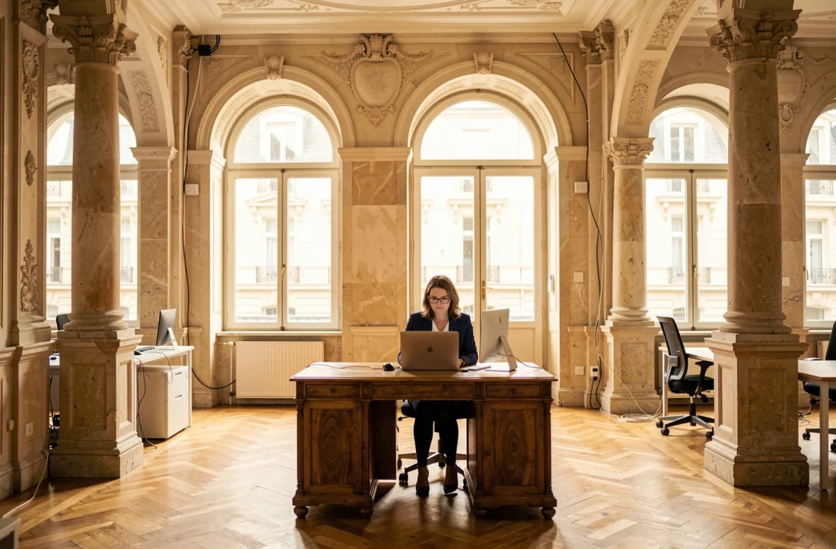 Espace coworking 1854 dans un bâtiment patrimonial du XIXe siècle avec architecture classique et travailleuse moderne