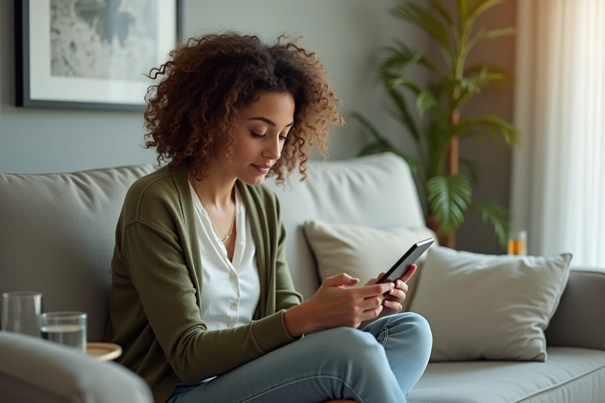 Jeune femme consultant ses fiches de paie sur smartphone via l'application My Arkevia depuis son domicile