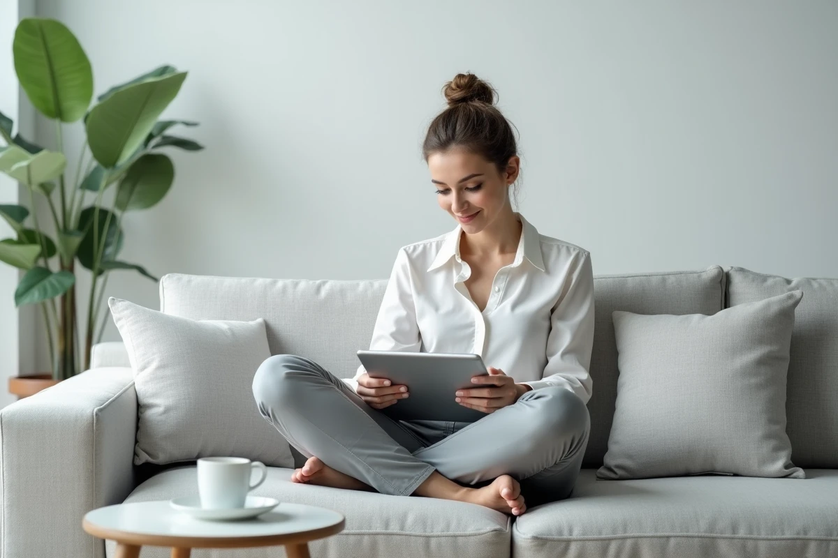 Jeune femme utilisant une tablette pour accéder aux services RH Alis BNP en toute sécurité depuis son salon en télétravail