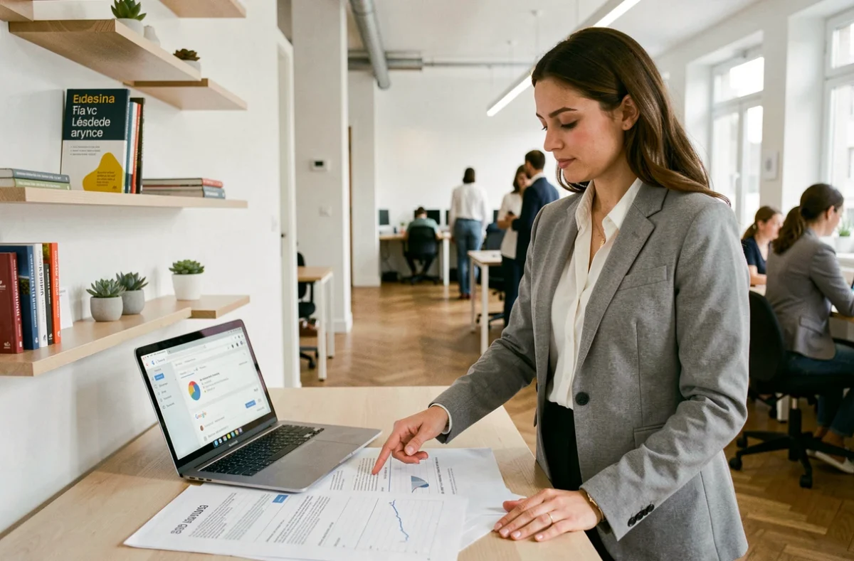 Professionnelle du SEO présentant un audit de référencement dans une agence digitale en Essonne