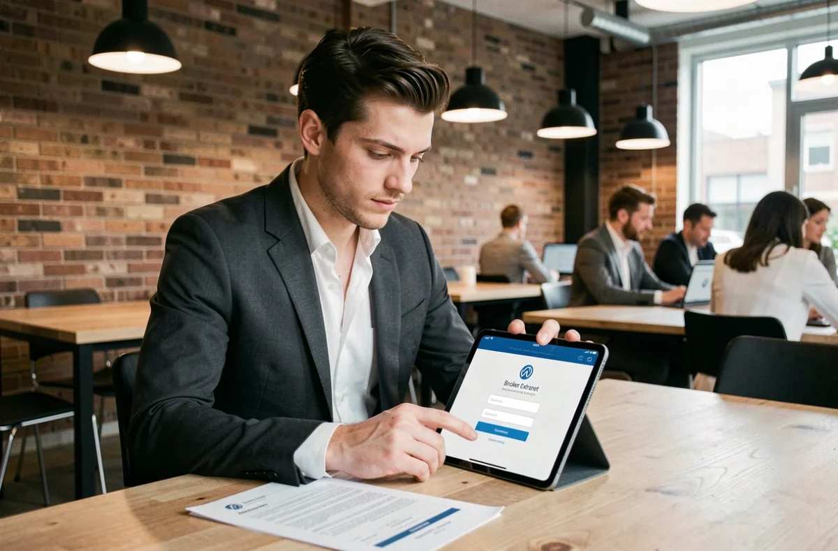 Agent courtier utilisant une tablette pour accéder à l'extranet AXA dans un espace de coworking moderne