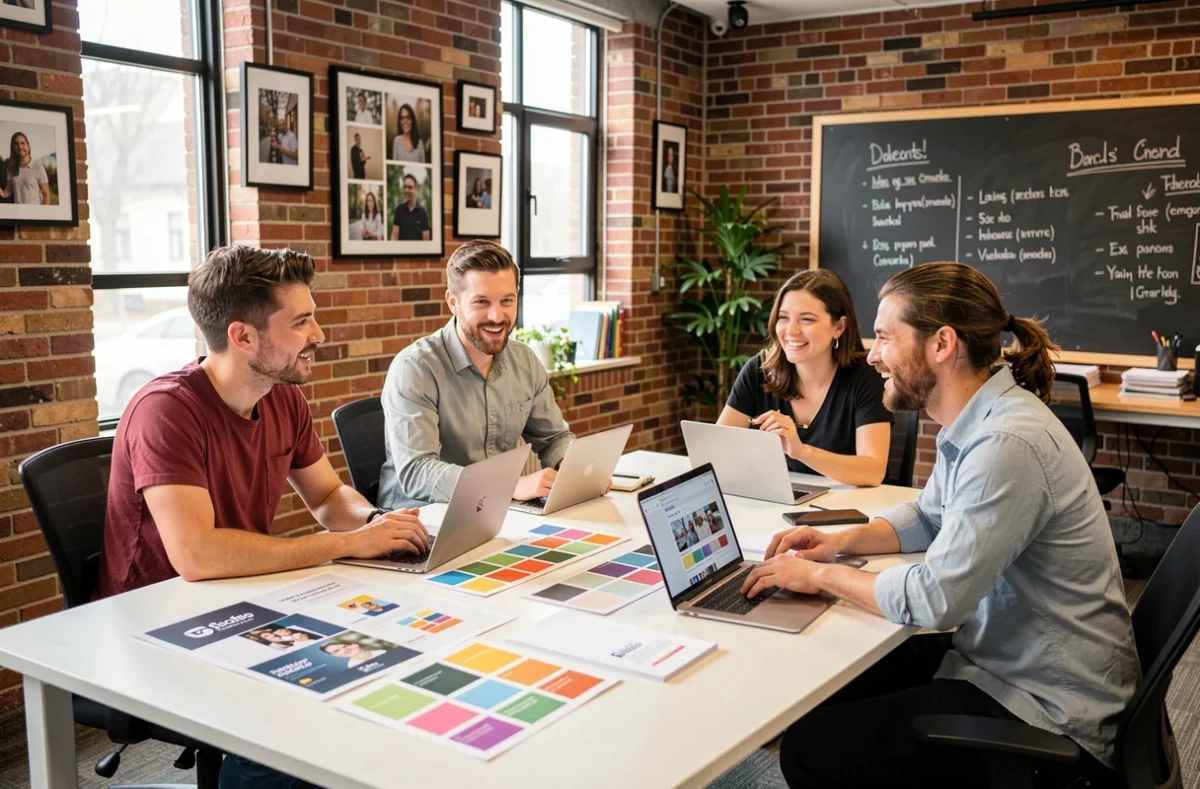 Équipe de l'agence AmaZili Communication travaillant sur des stratégies de communication et SEO autour d'une table de réunion