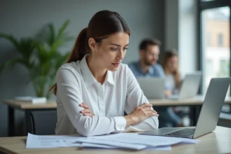 Femme analysant des documents d'entreprise suspects pour évaluer la légitimité d'une société commerciale