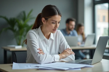 Femme analysant des documents d'entreprise suspects pour évaluer la légitimité d'une société commerciale