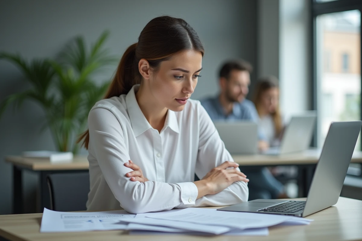 Femme analysant des documents d'entreprise suspects pour évaluer la légitimité d'une société commerciale