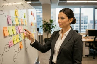 Responsable marketing analysant un profil ICP et des personas clients sur un tableau blanc dans un bureau moderne