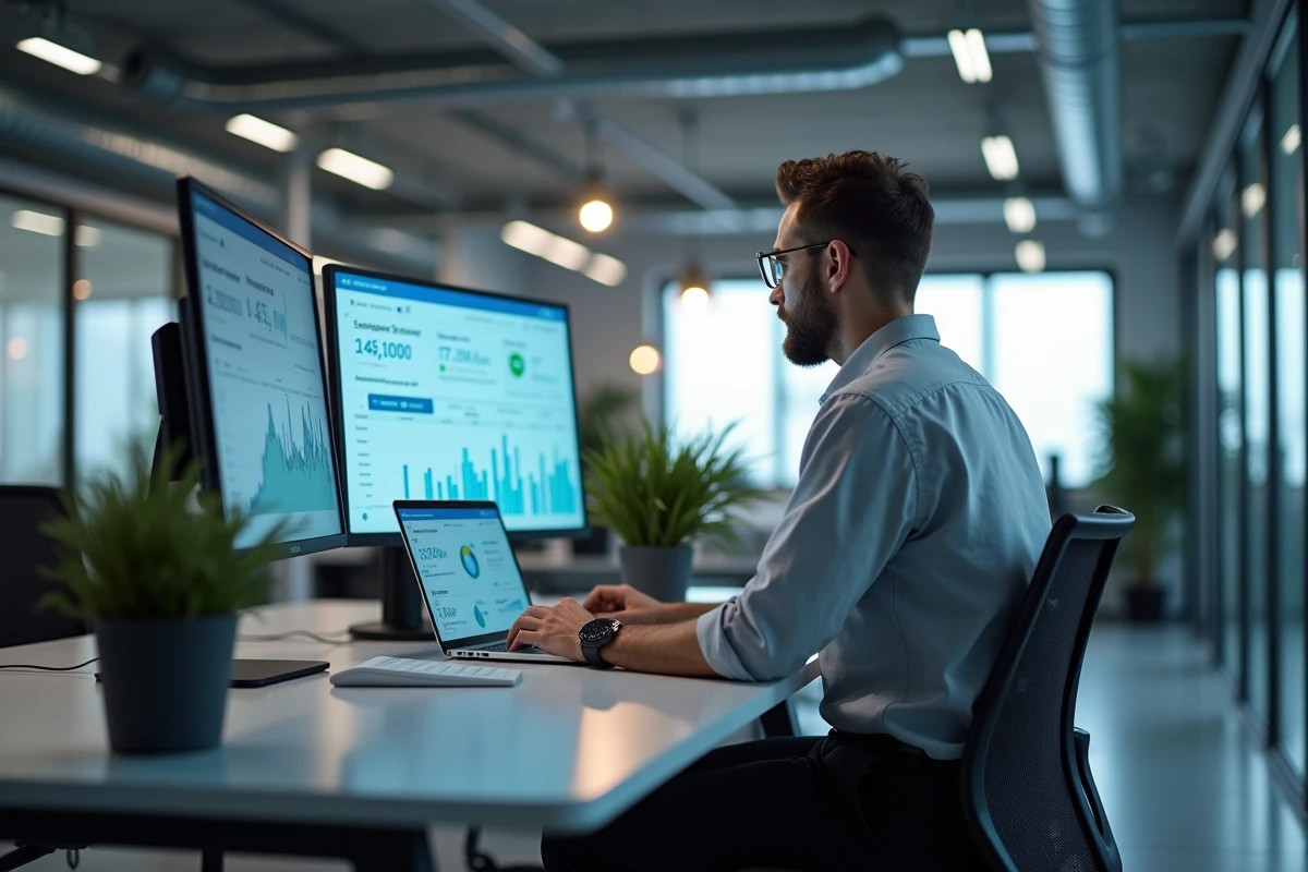 Analyste IT configurant un portail métier personnalisé avec tableaux de bord sur ordinateur portable