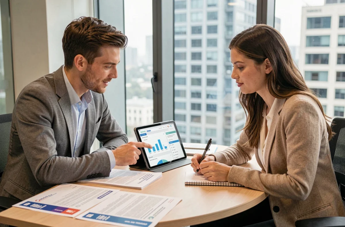 Deux analystes comparant des annuaires d'entreprises imprimés et un site spécialisé en données professionnelles lors d'une réunion