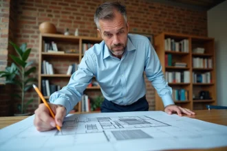 Architecte examinant des plans d'extension de maison sur un bureau en bois, idéal pour illustrer un devis de construction BTP