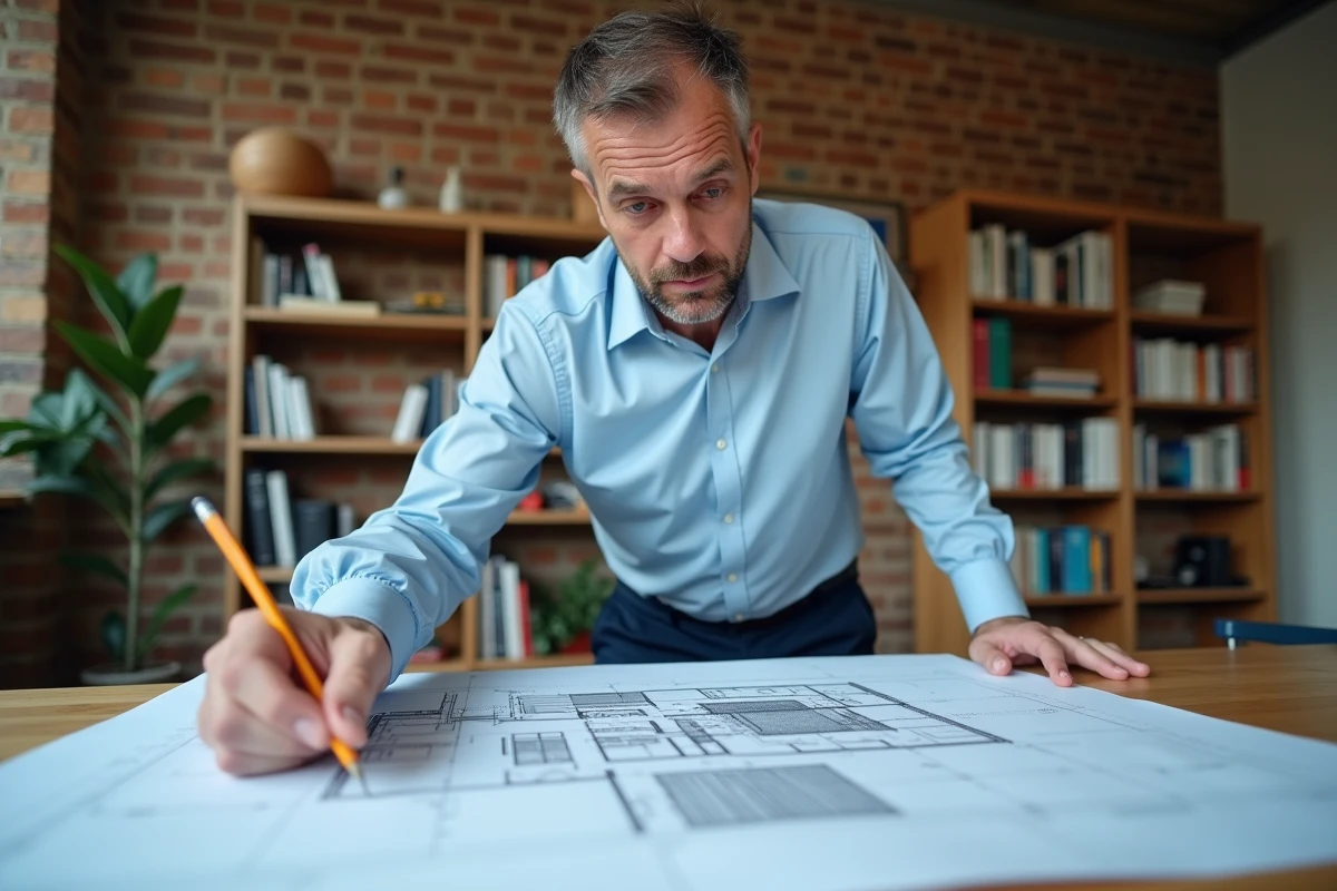 Architecte examinant des plans d'extension de maison sur un bureau en bois, idéal pour illustrer un devis de construction BTP