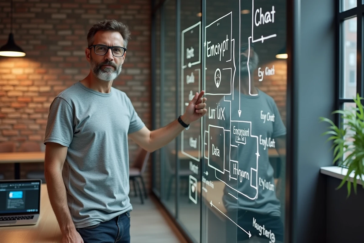Développeur expliquant l'architecture de sécurité d'un système de chat en direct devant un tableau de planification