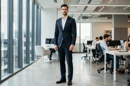 Homme grand et élancé en costume marine dans un bureau moderne, illustrant la morphologie et la taille d'Arthur Mensch PDG de Mistral AI