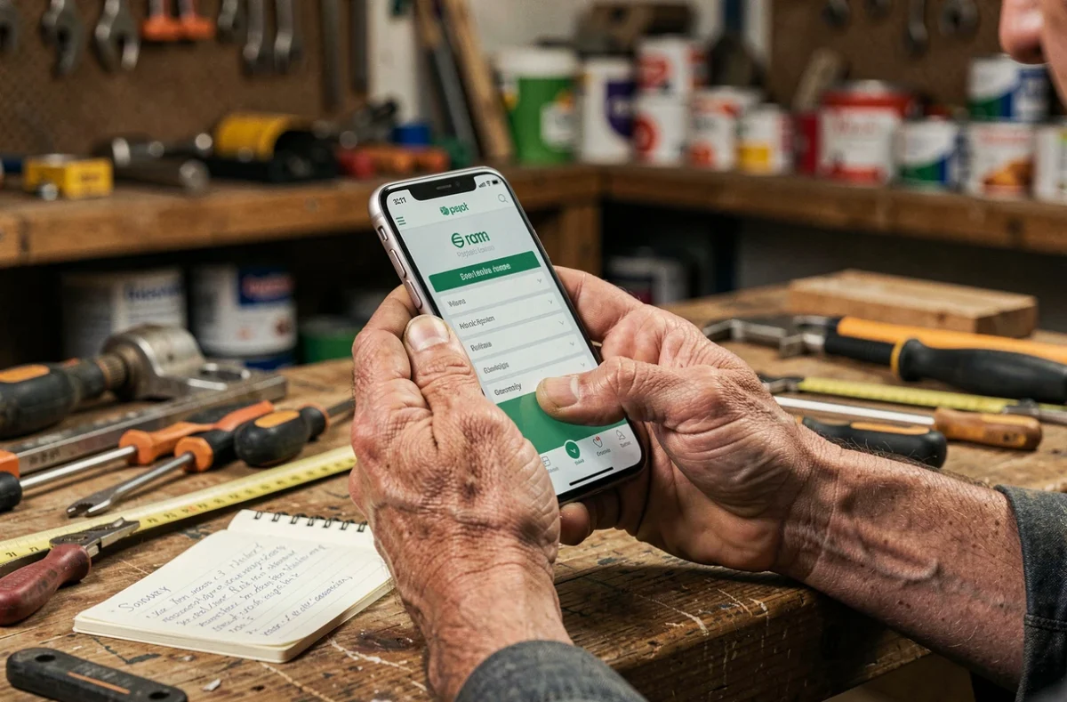 Mains d'artisan tenant un smartphone avec une application de réservation de travaux ponctuels à domicile sur un établi d'atelier