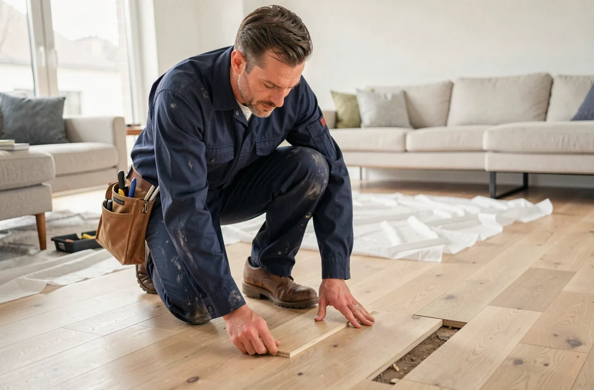 Artisan qualifié inspectant une réparation de parquet dans un appartement moderne lors d'un travail ponctuel à domicile