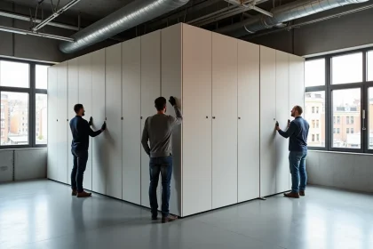Assemblage de cloisons modulaires pour salle de réunion démontable dans un bureau moderne à Lille