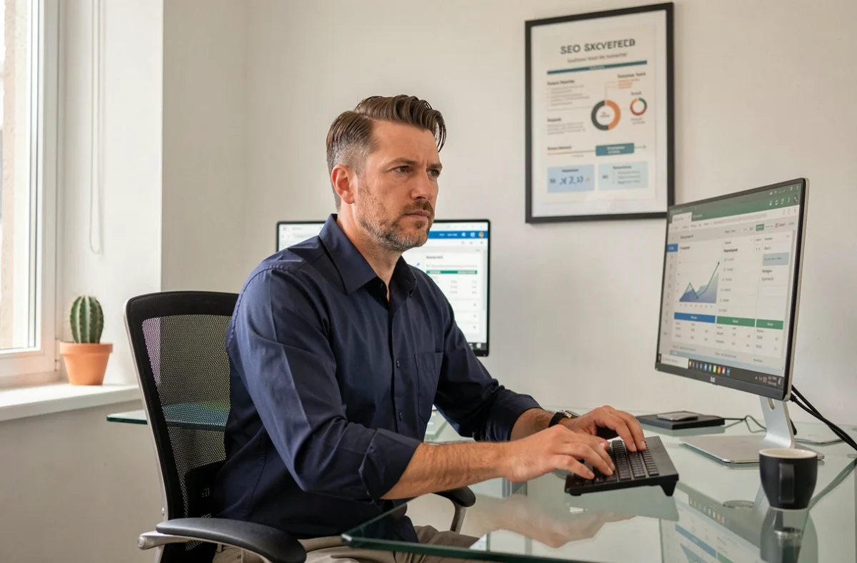 Consultant de l'agence B. Stratégies analysant des données SEO sur deux écrans dans un bureau minimaliste