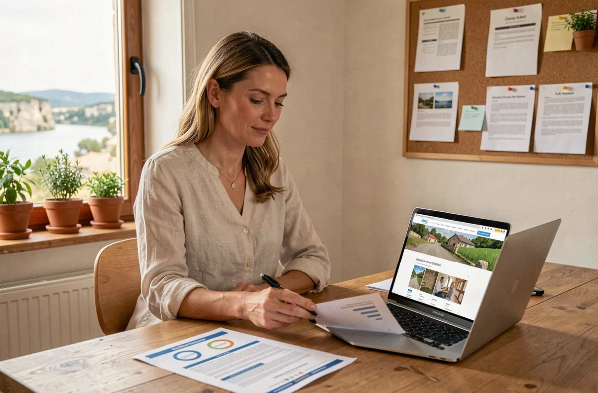 Professionnelle de l'agence Bassin Web révisant une stratégie web régionale dans un bureau à l'atmosphère chaleureuse