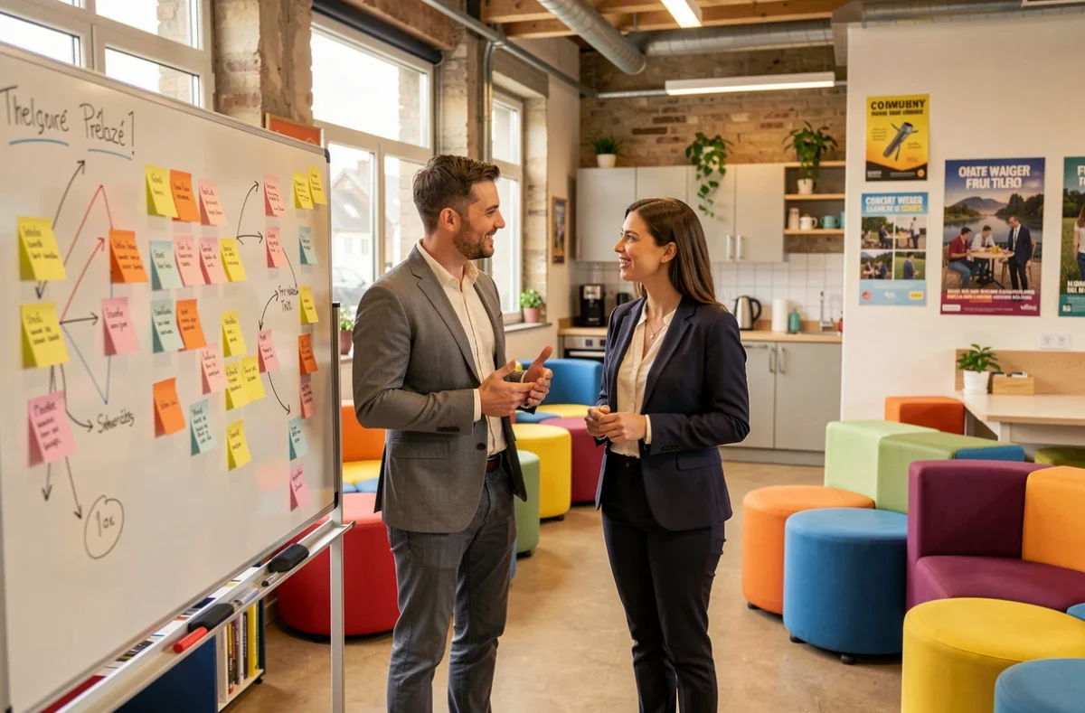 B'CoWorker Angers Trélazé avec deux professionnels échangeant devant un tableau blanc collaboratif