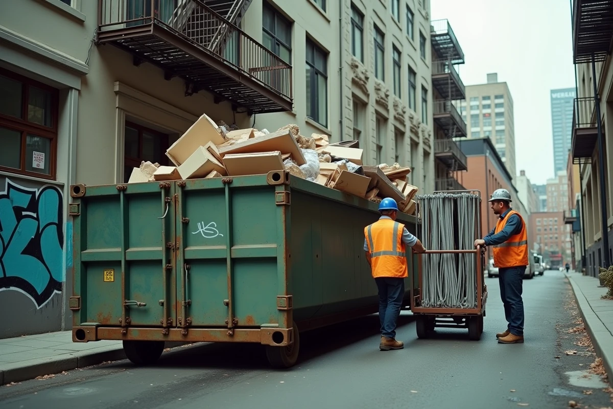 Benne de débarras remplie de mobilier professionnel lors d'une opération de vidage d'entreprise en milieu urbain