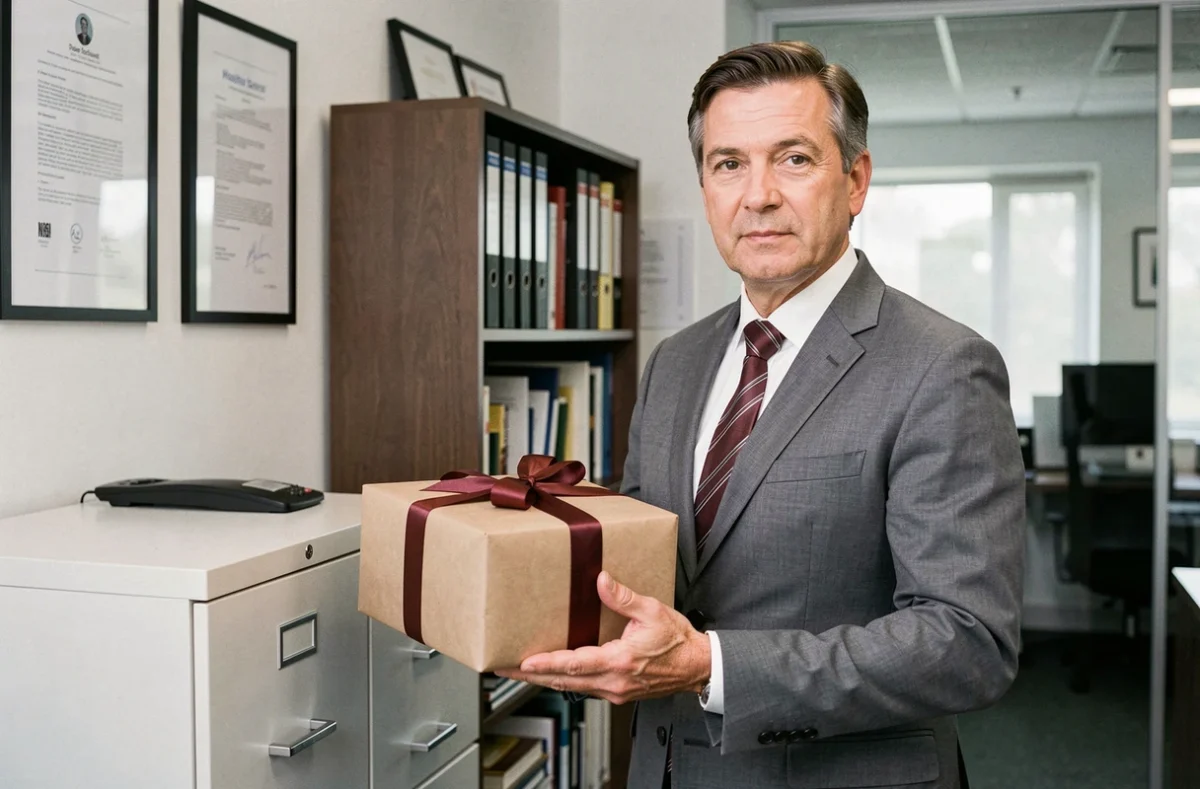 Responsable RH tenant un cadeau d'entreprise destiné à un salarié dans un bureau administratif