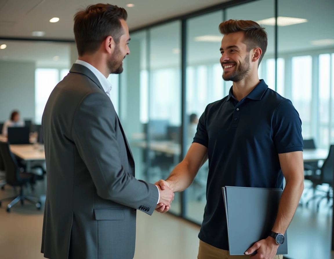 Jeune candidat serrant la main d'un recruteur en agence d'intérim pour un poste d'été