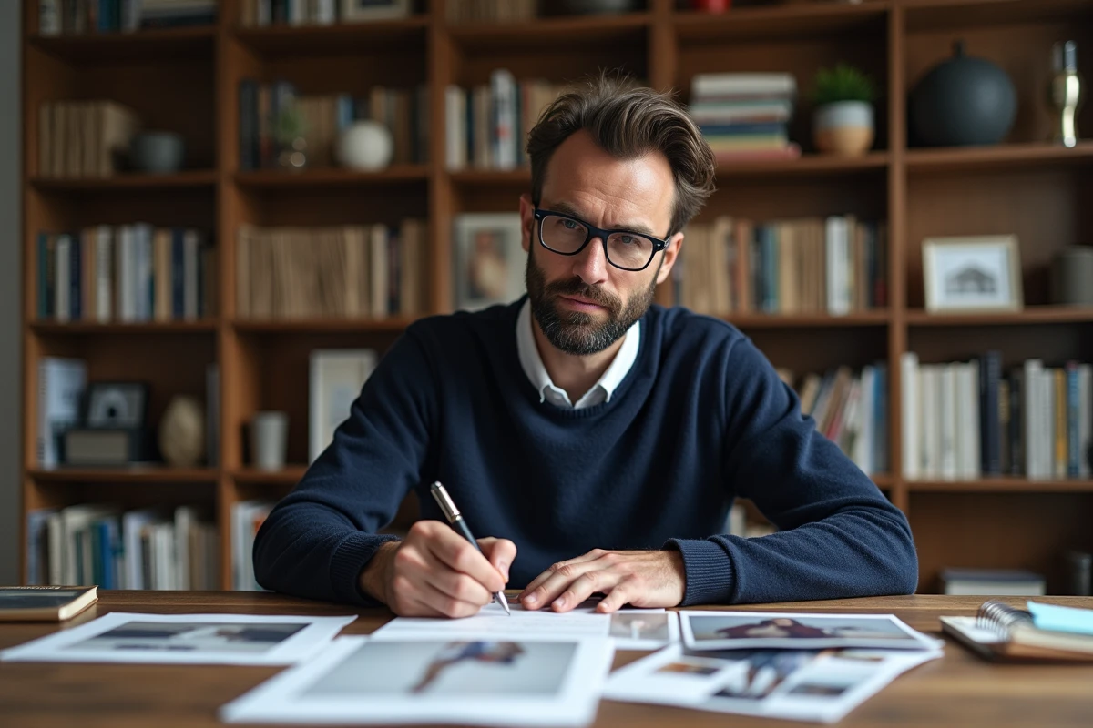 Homme consultant des catalogues de marques françaises à son bureau de travail
