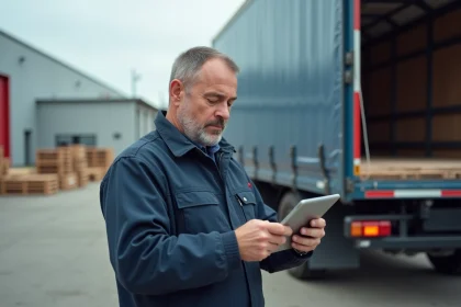 Chauffeur de livraison en uniforme &agrave; c&ocirc;t&eacute; d'un camion moderne