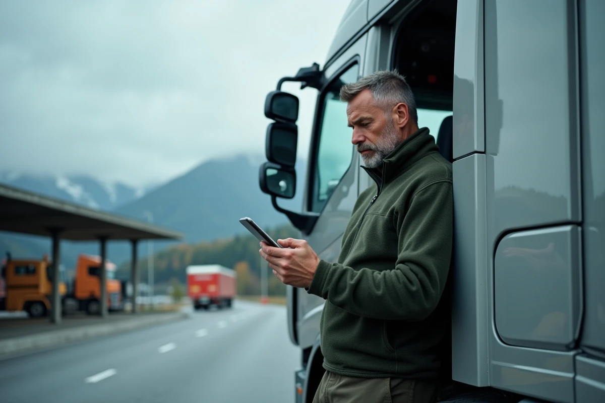 Chauffeur de poids lourd sur une aire d'autoroute suisse consultant son smartphone à côté de sa cabine de camion