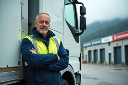 Chauffeur poids lourd suisse alémanique en gilet réfléchissant appuyé contre sa cabine de camion dans un dépôt logistique
