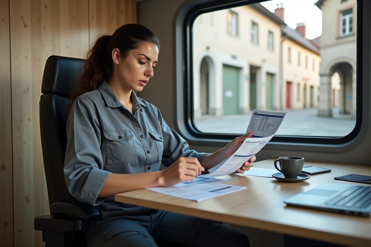 Chauffeuse de camion en Suisse romande consultant une fiche de salaire dans un bureau de société de transport
