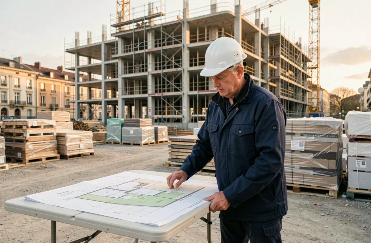 Chef de chantier en veste technique analysant des plans sur un chantier de construction urbain à Bordeaux