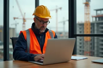 Chef de chantier en portrait sur site avec bureau et grue