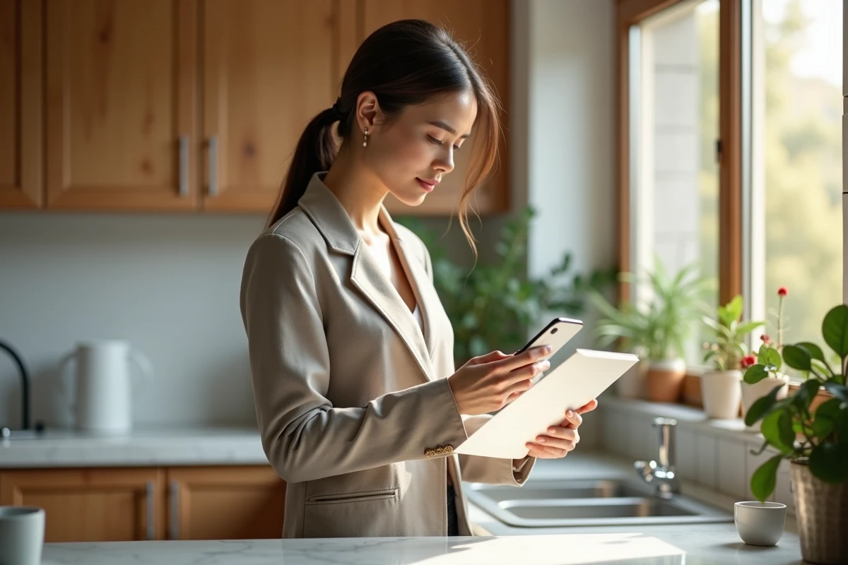 Jeune femme hésitant entre lettre de démission manuscrite et envoi par email sur son smartphone