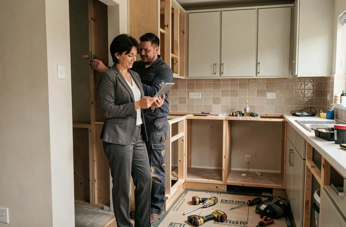 Cliente supervisant un artisan à domicile pendant l'installation de poignées de cuisine dans le cadre d'un service flexible de travaux ponctuels