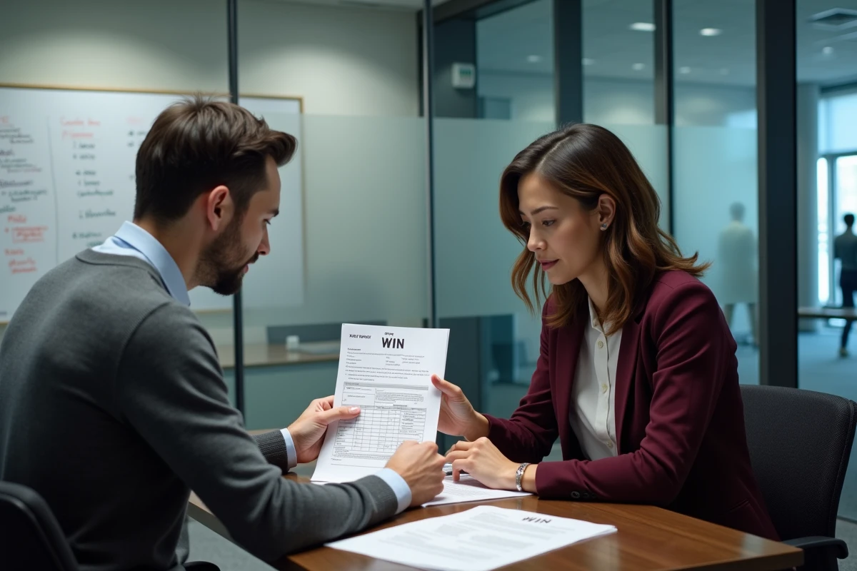Deux professionnels qui analysent ensemble les résultats d'un PI Test lors d'une session de coaching en salle de réunion