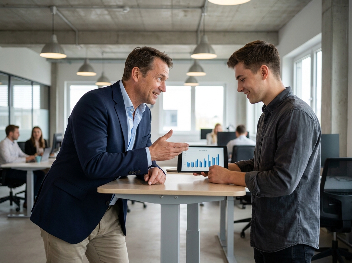 Coach commercial en réunion individuelle avec un jeune vendeur consultant des graphiques de vente sur une tablette