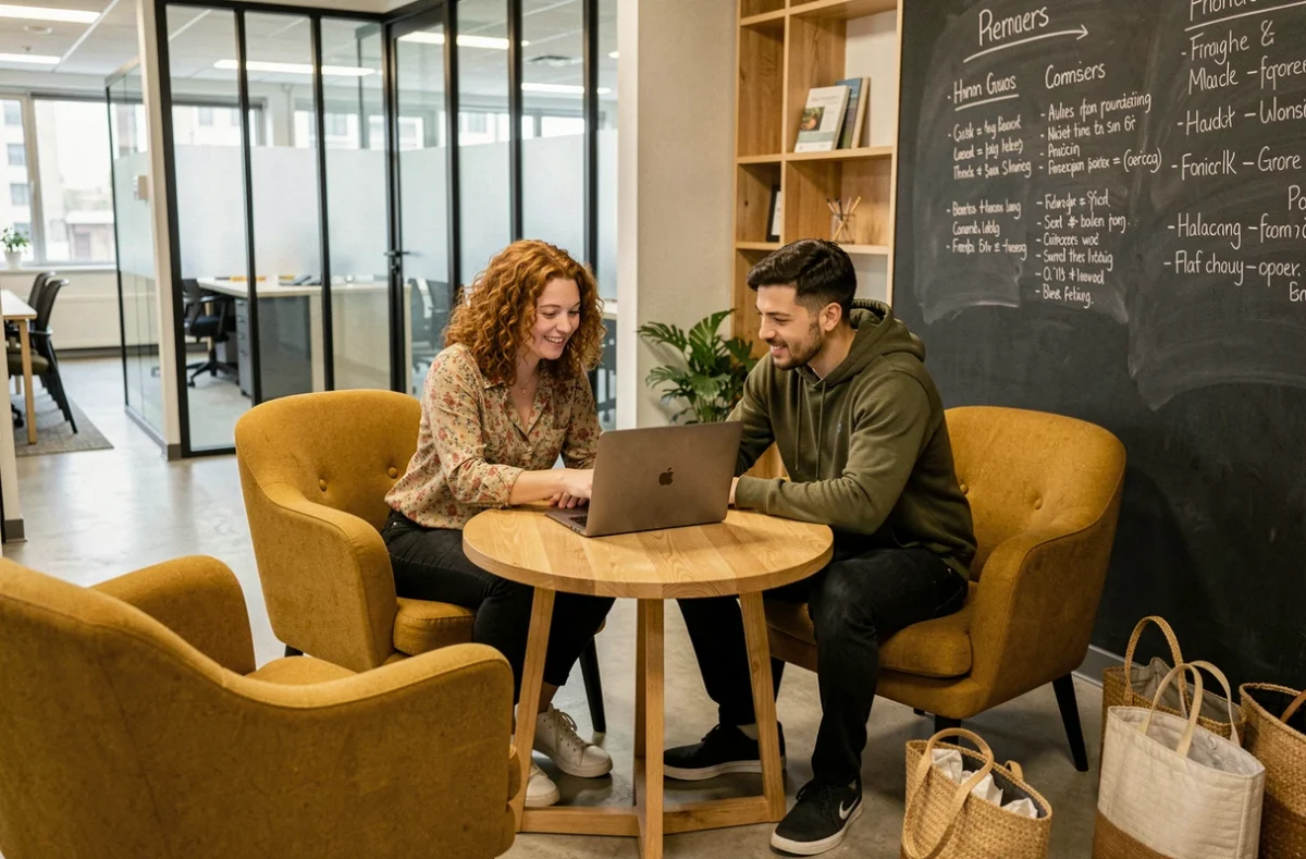 Deux jeunes professionnels collaborant autour d'un ordinateur portable dans l'espace lounge d'un coworking à Niort