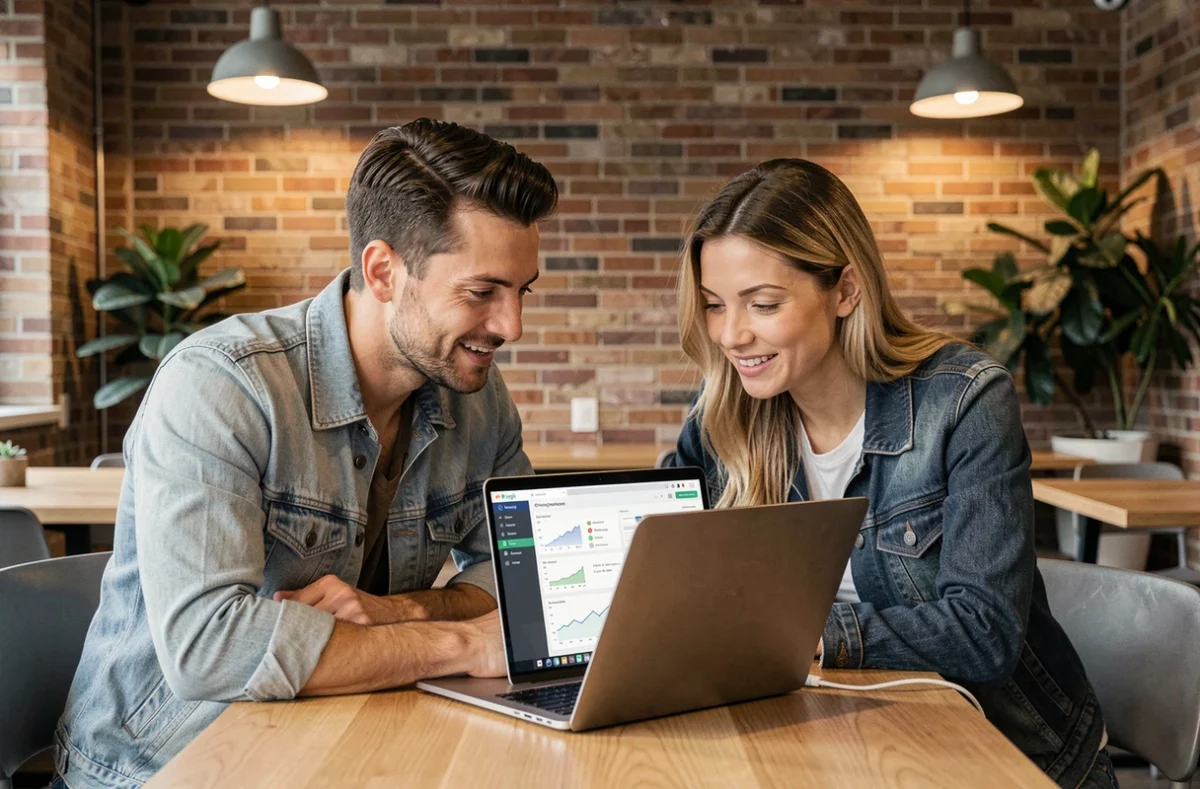 Deux collègues collaborant sur un outil de prospection commerciale dans un espace de coworking moderne