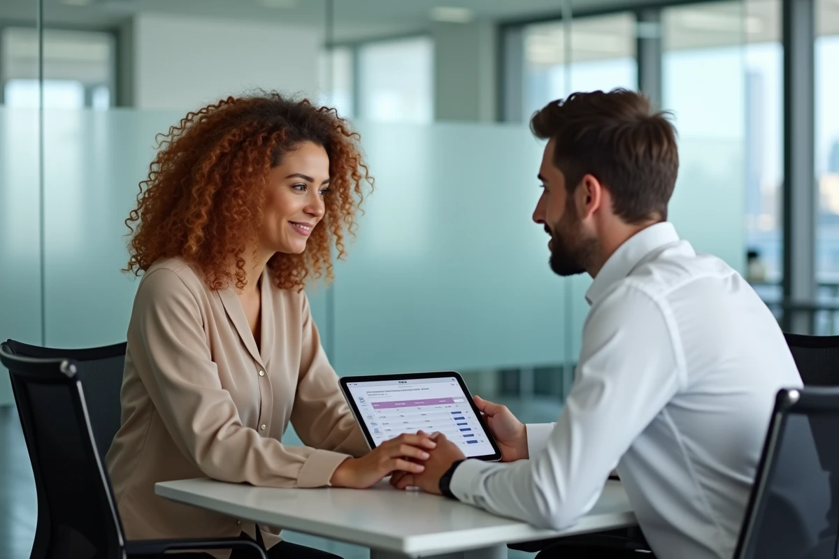 Deux coll&egrave;gues salari&eacute;s analysant ensemble un tableau de suivi des heures de travail sur une tablette en salle de r&eacute;union