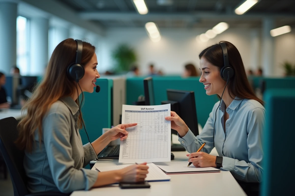 Deux coll&egrave;gues f&eacute;minines consultant ensemble un tableau de rotation d'&eacute;quipe 5x8 dans un bureau de centre logistique