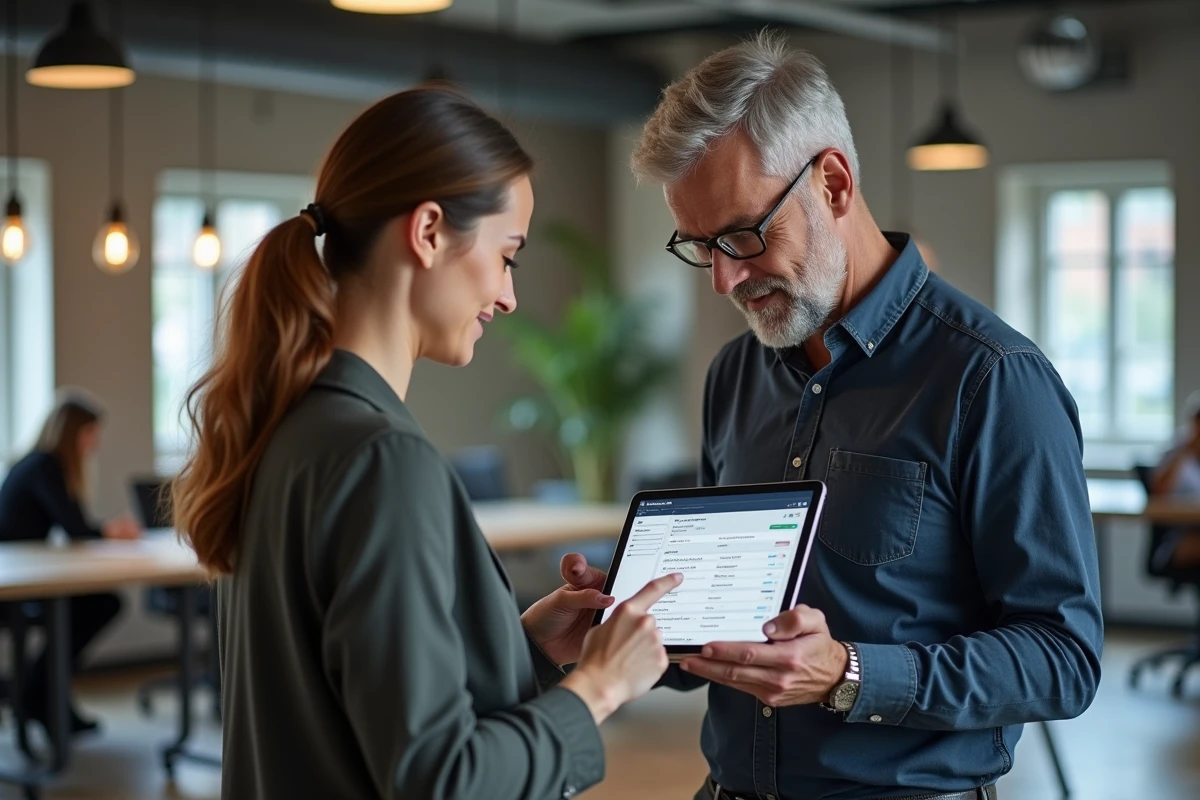 Deux professionnels consultant l'espace employeur Urssaf sur une tablette dans un espace de coworking