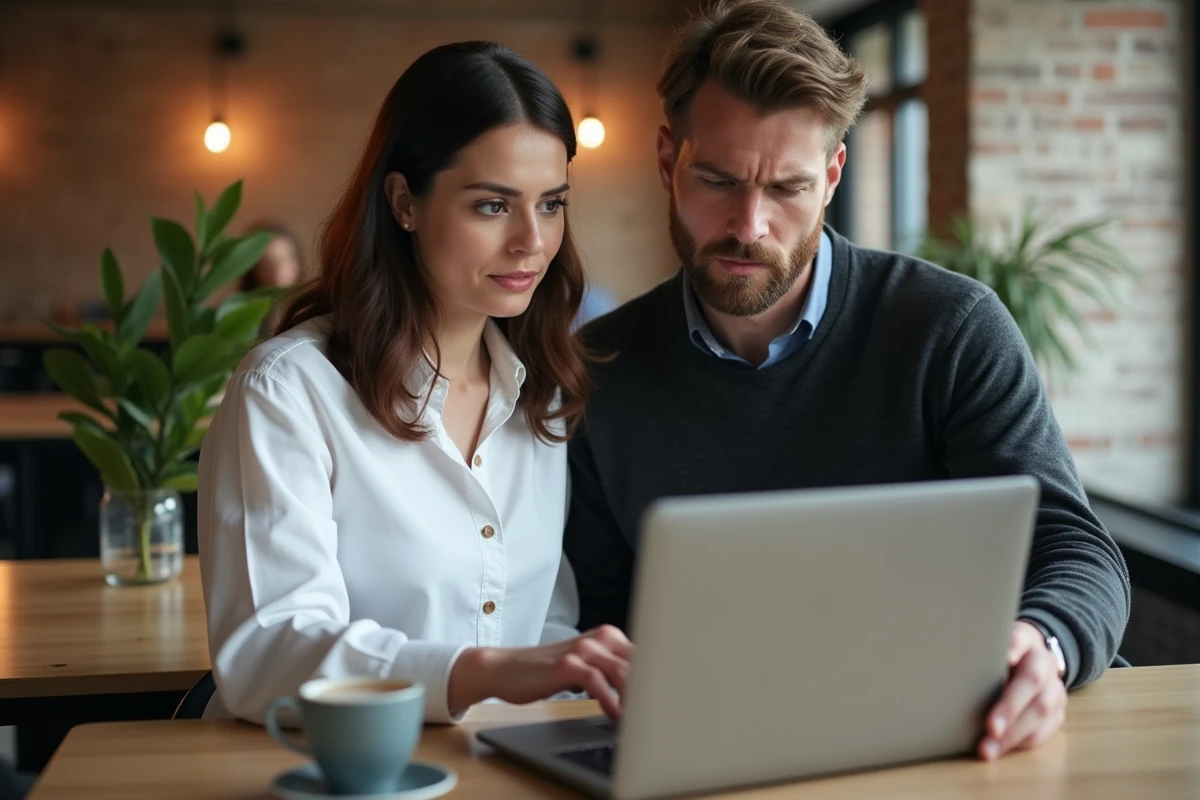 Deux collègues de bureau consultant ensemble un écran d'ordinateur portable pour résoudre une panne du logiciel DeskRH