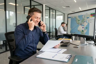 Commercial de DB Schenker au téléphone dans un bureau logistique moderne pour établir un devis transport