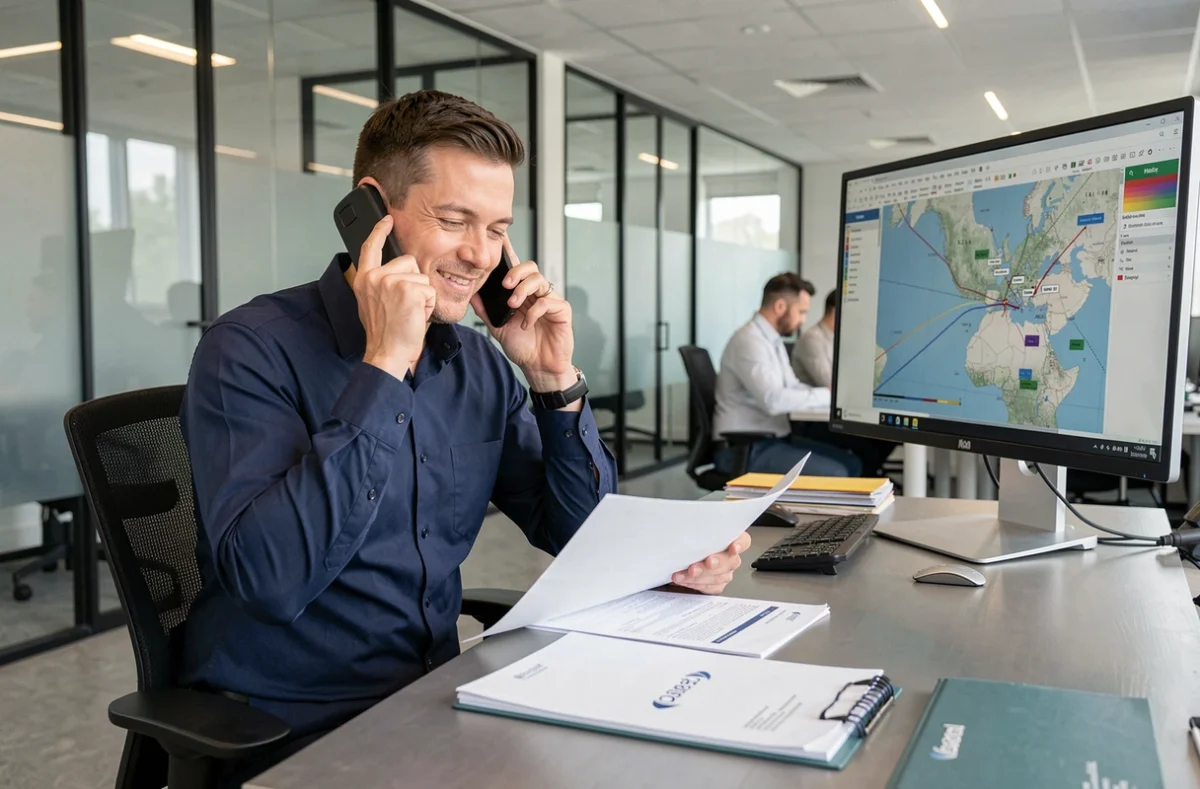 Commercial de DB Schenker au téléphone dans un bureau logistique moderne pour établir un devis transport