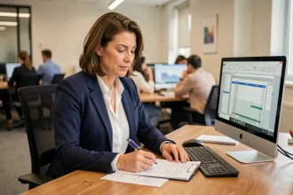 Comptable en entreprise analysant des écritures comptables pour les cadeaux salariés sur un bureau professionnel