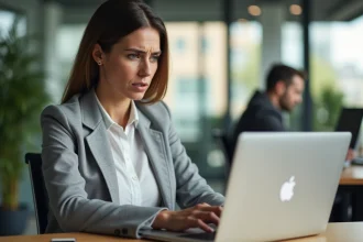 Femme professionnelle cherchant à se connecter à son espace My Arkevia pour accéder à ses fiches de paie en ligne