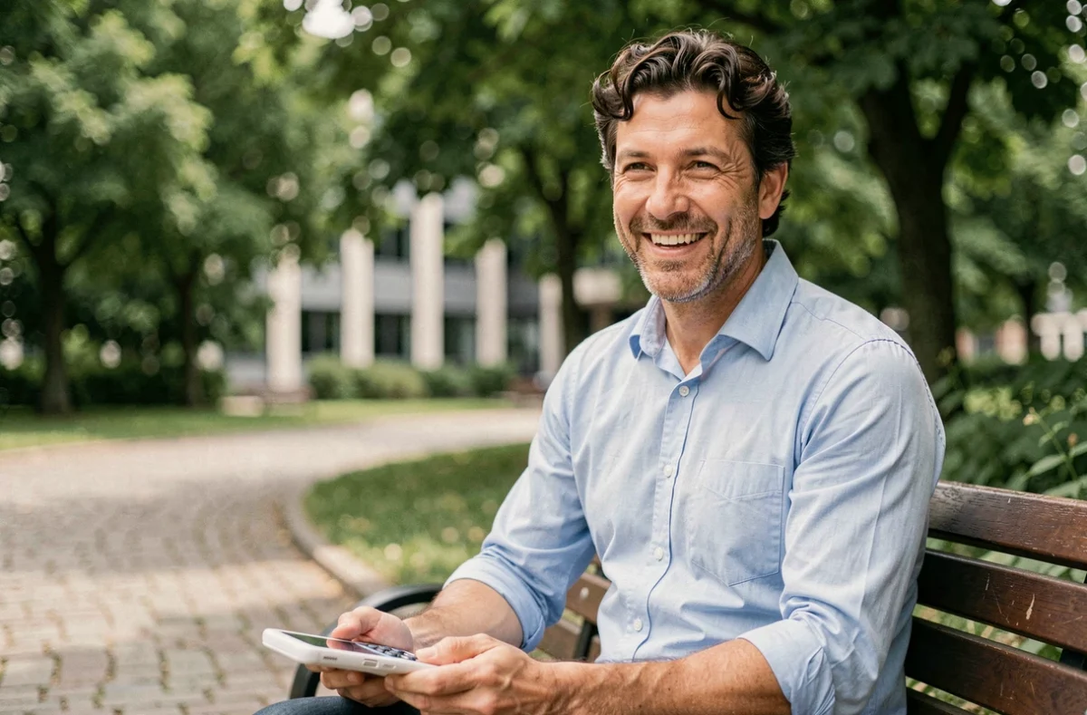 Consultant indépendant en portage salarial partageant son témoignage en extérieur dans un parc urbain
