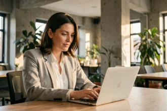 Consultante en portage salarial lisant un blog de bonnes pratiques sur son ordinateur dans un espace de coworking moderne