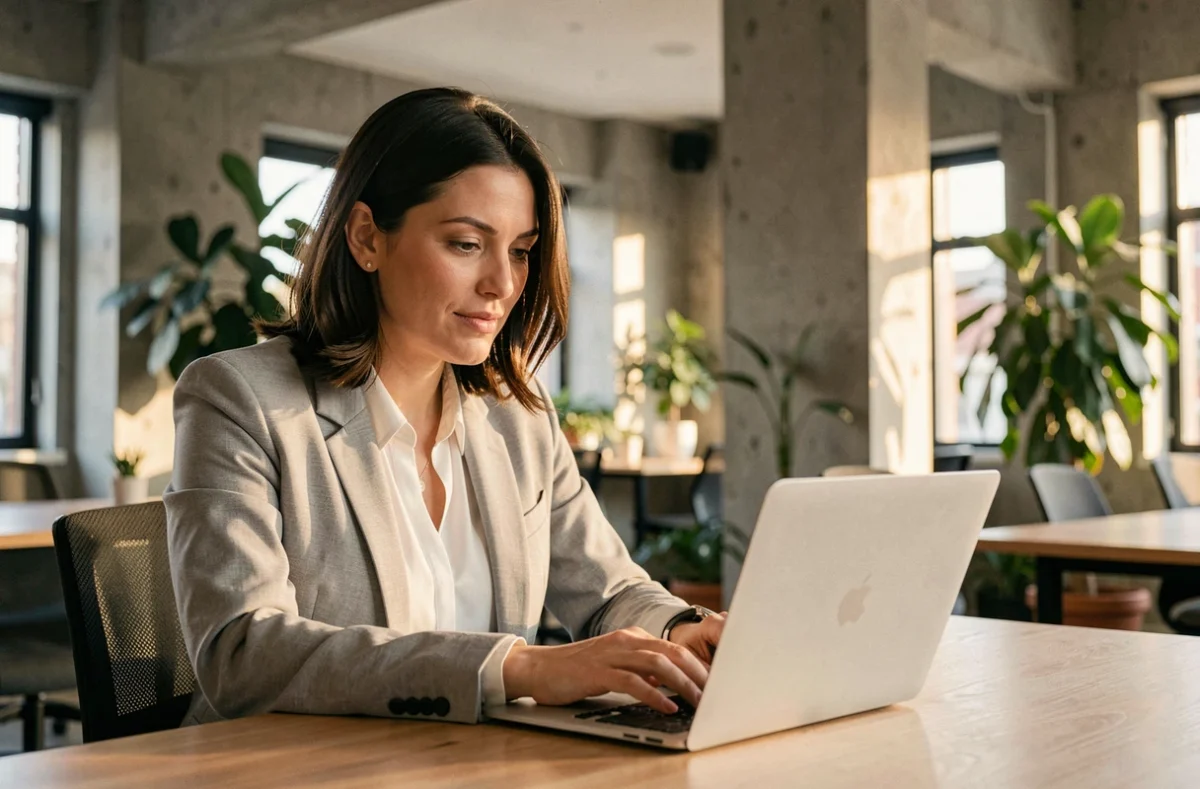 Consultante en portage salarial lisant un blog de bonnes pratiques sur son ordinateur dans un espace de coworking moderne