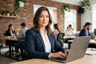 Consultante en portage salarial travaillant dans un espace de coworking moderne avec son ordinateur portable